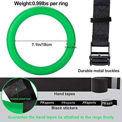 PACEARTH Gymnastic Rings 1100lbs Capacity with 14.76ft Adjustable Buckle Straps Pull Up Exercise Rings Non-Slip Rings for Home Gym Full Body Workout - color: Green