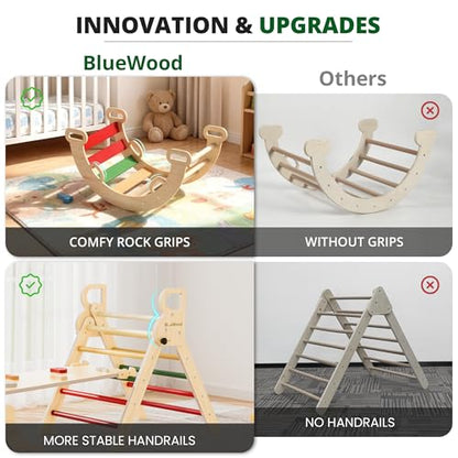 BlueWood Pikler Triangle Set, Toddler Climbing Toys Indoor 7in1 Foldable | Wooden Climber for Kids, Montessori Philosophy Play Jungle Gym with Arch, Ramp, Ladder (Warm Winter Christmas) - color: Warm Winter Christmas