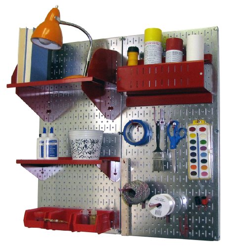 Wall Control Craft & Hobby Pegboard Organizer Storage Kit with Metallic Pegboard and Red Accessories - color: Metallic Pegboard Red Accessories