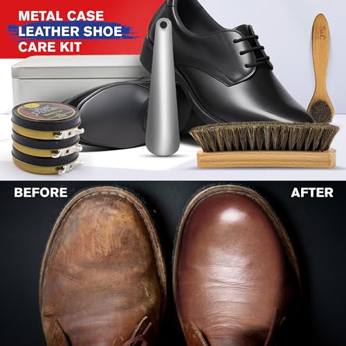 Stone and Clark Leather Shoe Shine Kit - 13 PCS Shoe Polish Kit for Complete Leather Boot Care, Compact & Travel Friendly - style: Metal Box