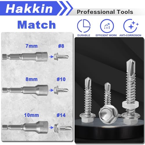 470Pcs Self Tapping Screws for Metal #8#10#14, Hakkin 410 Stainless Steel Self Drilling Screws Assortment Kit, Hex Washer Head Sheet Metal Screws Kit, Tek Screws 1/2" 3/4" 1" 1-1/2", Socket Included - size: 470PCS #8 #10 #14 Self Drilling Screws Silver