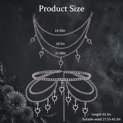 2 Pcs Thorn Heart Waist Chain Belt, Punk Gothic Belt Chains with Pant Chain for Women Girl