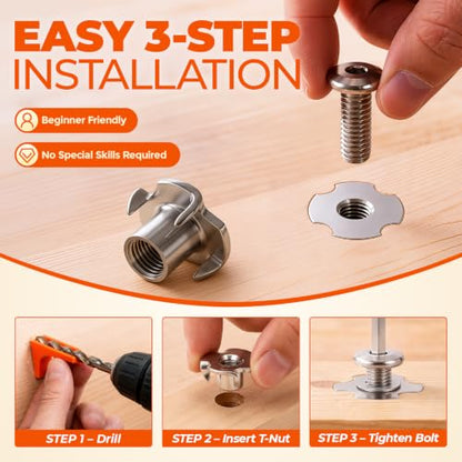 1/4"-20 T-Nut Installation Kit with Drill Guide, 16-Set 304 Stainless Steel | Complete installation kit with drill guide for straighter holes, secure fastening, and faster DIY assembly