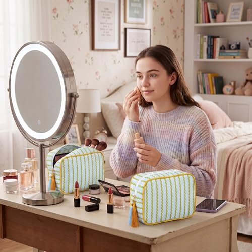 Kacctyen 6 Pack Mustard Yellow and Sage Green Striped Makeup Bag bulk with Tassel Travel Cosmetic Pouch Organizer Large Zipper Toiletry Case for Women Aesthetic Storage Pouch Mahjong Tile Bag - color: Mustard Yellow and Sage Green