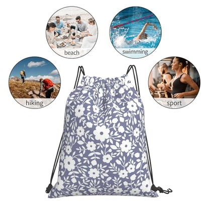 Compact Cinch Carry Sack Navy White Floral Pattern Washable Sackpack for Climbing - color: 1