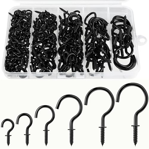 200 Pcs Screw Hooks kit, 6 Sizes Vinyl Coated Ceilling Wall Cup Hook | for Hanging Plant, Mug, Coffee Cups, String Light Decors, Indoor & Outdoor, Black (1/2in, 5/8in,3/4in,7/8in,1in,1-1/4in)