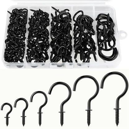 200 Pcs Screw Hooks kit, 6 Sizes Vinyl Coated Ceilling Wall Cup Hook | for Hanging Plant, Mug, Coffee Cups, String Light Decors, Indoor & Outdoor, Black (1/2in, 5/8in,3/4in,7/8in,1in,1-1/4in)