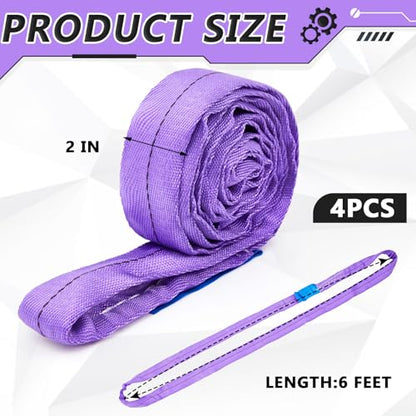 Fabbay 4 Pcs 5.9 Feet Heavy Duty Polyester Endless Loop Round Lift Slings Lifting Straps for Hoist Towing Moving Furniture Rigging Equipment, 2600 LB Vertical 2100 LB Choker 5200 LBs Basket(Purple) - color: Purple, size: 5.9 Feet
