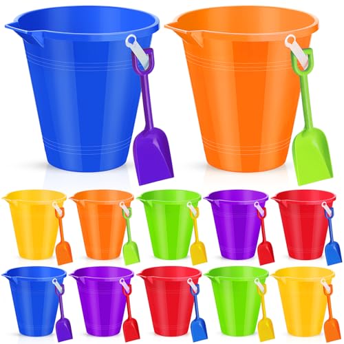 Didaey 12 Set 9 Inch Beach Sand Buckets and Shovels Set Includes Large Sand Buckets and Shovels Beach Pails Toys for Kids for Summer Theme Party Favors Summer Game (6 Colors) - color: 6 Colors