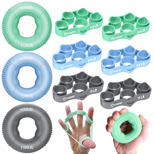 FitBeast Grip Strength Trainer, Finger Exerciser, Forearm Strengthener 9-Piece Kit, Hand Grip Strengthener Targeted Strength, Relief & Recovery - color: Green