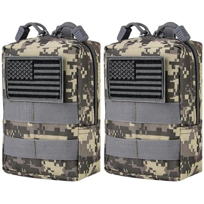 2 Pack Tactical Molle EDC Pouch Multi-Purpose Compact Pack Water-Resistant Utility Pouch with Flag Patch - color: Gray Camo