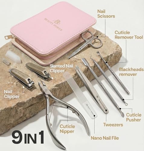 Beauty Power 9 in 1 Professional Manicure Pedicure Set - Stainless Steel Nail Clippers, Nano File, Cuticle Nipper, Scissors, Tweezers, Travel PU Leather Case for Men & Women - Gift Idea - Pink - color: Pink