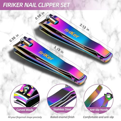 firiKer 2PCS Stainless Steel Nail Clippers,Rainbow Fingernail Clipper and Toenail Clipper, Wide Easy Press Lever Nail Cutter with Swing Out Nail Cleaner/File for Men and Women - color: Rainbow