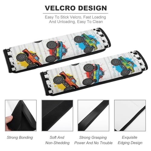 2 Pack Colorful Monster Truck Cartoon Trucks Checkered Car Seat Belt Pad Soft Padded Harness Pads Strap for Child, Car Seats Pushchair Strollers High Chair Pushchair, Anti-Slip Pad - color: Pattern 246