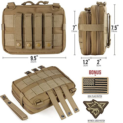 WYNEX Tactical Molle Admin Pouch, Double Layer Large EDC Tool Pouch Bag | Laser-Cut Design, Medical EMT IFAK with Map Pocket, Tool Organizer Molle Accessories, Flag Patch Included, 9.5"x7.5"x3.2" - color: Khaki