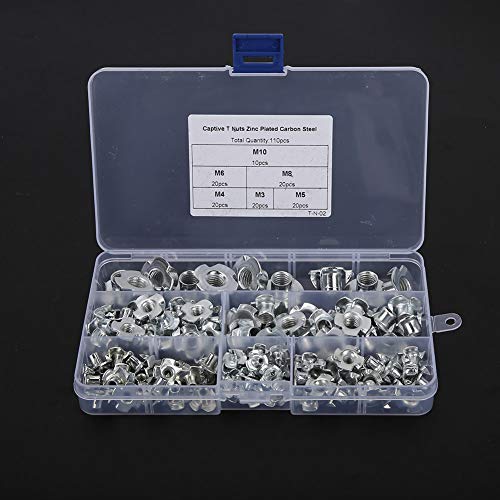 110pcs Galvanized T Nut Set, M10 M8 M6 M5 M4 M3 Four Claws Rive T Nuts Assortment Kit with Storage Box for Woodworking, Rock Climbing Holds, Cabinetry, and Furniture Applications Z