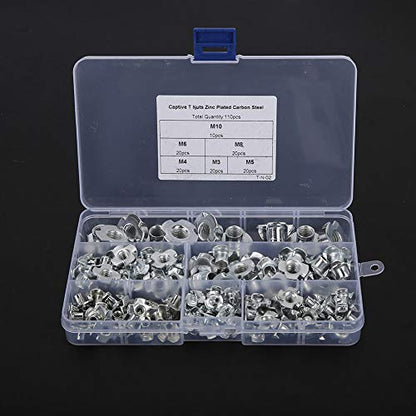 110pcs Galvanized T Nut Set, M10 M8 M6 M5 M4 M3 Four Claws Rive T Nuts Assortment Kit with Storage Box for Woodworking, Rock Climbing Holds, Cabinetry, and Furniture Applications Z
