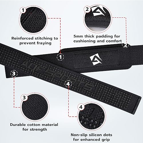AQF Weight Lifting Straps, Padded Cotton Gym Wrist Straps for Deadlifts | 23" Extra-Long, Heavy-Duty Webbing, 5mm Neoprene Cushioning, Open-Loop Design, Sold as Pair, Ideal for Rows & Pull Workout - color: Black Gel Padded