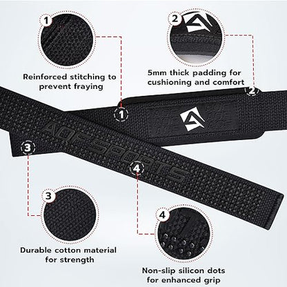 AQF Weight Lifting Straps, Padded Cotton Gym Wrist Straps for Deadlifts | 23" Extra-Long, Heavy-Duty Webbing, 5mm Neoprene Cushioning, Open-Loop Design, Sold as Pair, Ideal for Rows & Pull Workout - color: Black Gel Padded