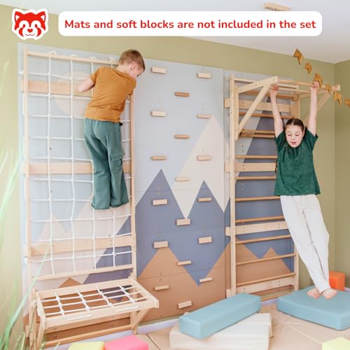 Wood And Hearts 4in1 Modular Swedish Wall Gym Set for Kids Indoor Active Play – Wooden Swedish Ladder with Adjustable Pull-Up Bar, Rope Climbing Wall & Rock Climbing Panels (Base Set + Sit-Up Bar) - style: Base Set + Sit-Up Bar