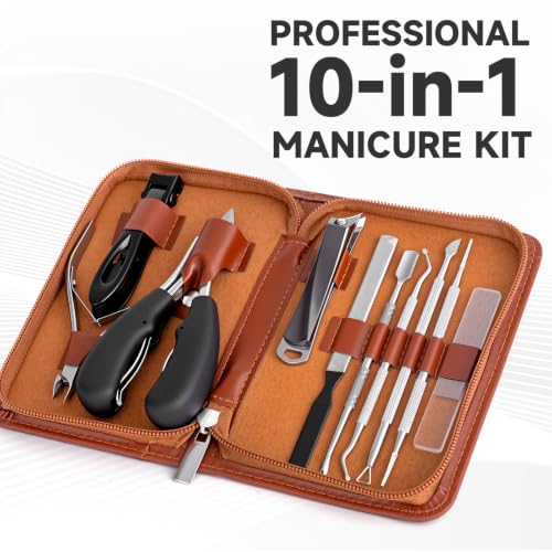 10Pcs Nail Clippers Set for Seniors, Ingrown Thick Toenail Clipper Manicure Kit for Men, Heavy Duty Wide Jaw and Slanted Nail Cutter with Nail Tool Kits, Manicure Set with Leather Travel Case for Gift