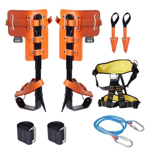 VEVOR Tree Climbing Spikes Set, 1 Pair Height-Adjustable Climbing Spurs with Security Harness and Utility Rope, 350lbs Load Capacity Tree Climbing Gear, Arborist Equipment for Climbers, Fruit Picking - color: Orange