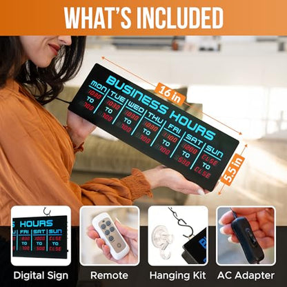 Digital Business Hours Sign by ELEMENT LUX - Electronic Programmable Hours of Operation Signs for Business with Ultra Bright LEDs for Glass Door - Remote and Hanging Kit - 16in x 5.5in, Blue - color: Blue and Red