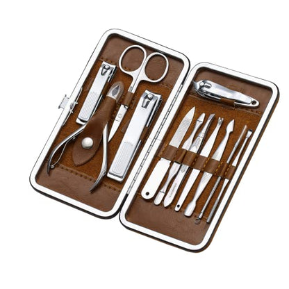 FAMILIFE Manicure Set, Professional Nail Kit Nail Clipper Set, 12PCS Stainless Steel Manicure Kit, with Brown Leather Travel Case Luxury Gifts for Him - color: Light-brown