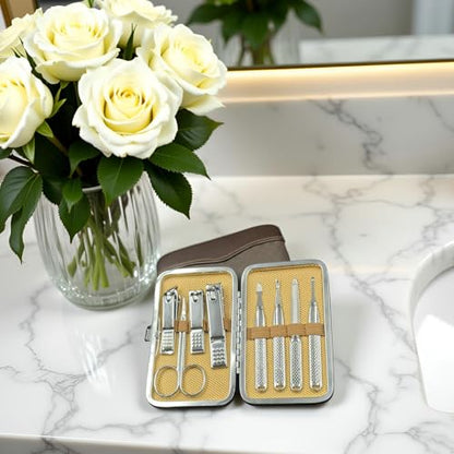 Manicure Set for Men and Women Professional Nail Clippers Kit with Travel Case Stainless Steel Pedicure Grooming Tools Accessories Nail Care Tools with Leather Case,Mothers Day - color: Brown-8pcs