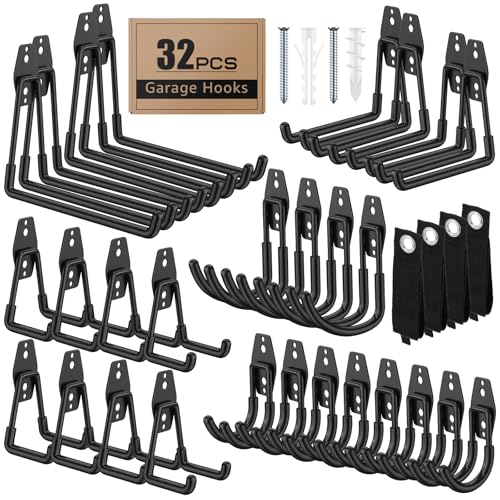 32-Pack Heavy Duty Wall Mount Garage Hooks | Hanging Storage For Ladders, Hoses, Bikes, Garden Tools, Ropes; For Yard, Warehouse, Workshop, Shed, Shop - color: 32 Pack Black