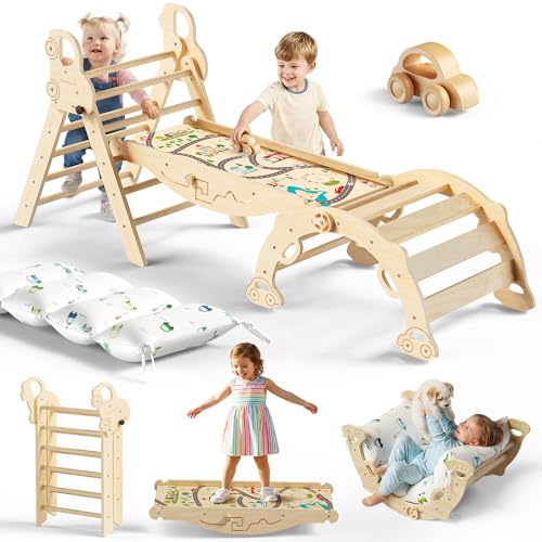 10-in-1 Pikler Triangle Set with Cushion, Woodland Cabin | Foldable Montessori Climbing Toys for Indoor Play, Wooden Toddler Gym for Balance, Coordination and Car-track Fun - color: Woodland Cabin