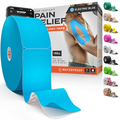 Kinesiology Tape - Waterproof Athletic Sports Tape for Knee, Shoulder, Arm & Back Support | 3-5 Day Adhesion, Hypoallergenic & Latex-Free + Taping Guide (Precut, 2"x100ft Roll, Electric Blue) - color: Pack E: Electric Blue, size: 100 Feet - Precut