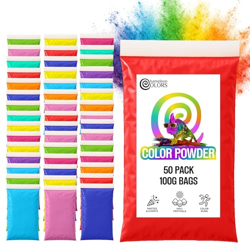 Chameleon Colors 100g Color Powder Packs - 50 Pack - 10 Vibrant Rainbow Colors in Clear Bags - Non-Toxic & Gluten-Free - for Holi, Color Wars, Fun Run, Gender Reveal & Summer Camp - size: 50 Pack