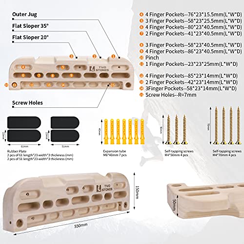 TWO STONES Wooden Hangboard Rock Climbing Pull Up Bar Designed Training for Climbing, Wooden Fingerboard Climbing Training Board for Building Core Strength and Endurance (CJ-HB2049)