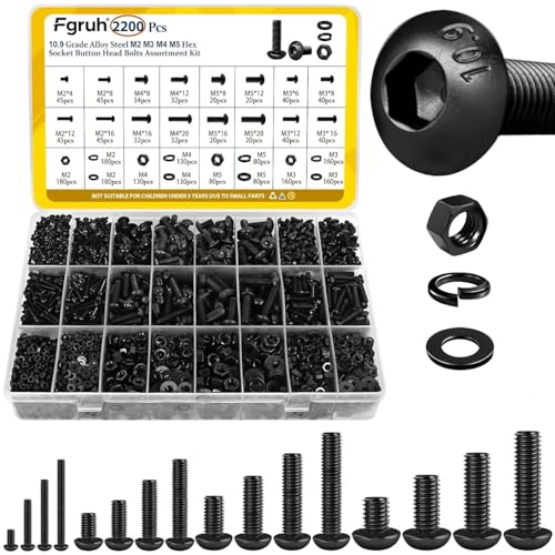 2200PCS M2 M3 M4 M5 Metric Screws Assortment Kit, Hex Socket Button Head Assorted kit, Machine Screw Set with Nuts & Washers,10.9 Alloy Steel Black Zinc Plated for 3D Printing - size: M2M3M4M5 2200pcs