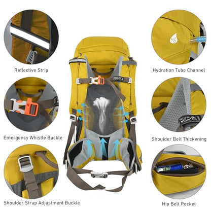 50L Hiking Camping Backpack for Men Women Lightweight Backpacking Back Pack | Waterproof Travel Outdoor Sport Climbing Daypack with Rain Cover - color: Yellow