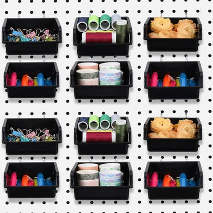 16 Pcs Black Pegboard Bins with Metal Hooks, Heavy Duty Plastic Storage Organizer, Pegboard Tools Organizer for Garage, Workshop, Craft Room, Hardware Tools
