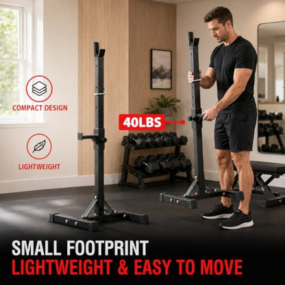 JupiterForce Adjustable Squat Rack Stands, Pair of Sturdy Steel Bench Press Rack, Barbell Rack, 40''-66'' 550lbs Max Load Portable Dumbbell Racks Stands for Home Gym, Black