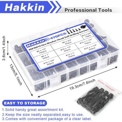 #8#10#14 470Pcs Self Drilling Screws for Metal, Hakkin Self Tapping Tek Screw Assortment Kit, Black Oxide 410 Stainless Steel Sheet Metal Screws Hex Washer Head 1/2" 3/4" 1" 1-1/2", Socket Included - size: 470PCS #8 #10 #14 Self Drilling Screws Black