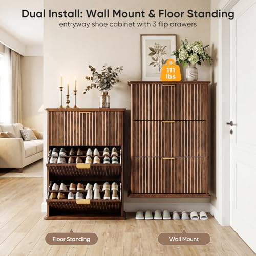 Walnut Hidden Shoe Storage Cabinet,Narrow Shoe Rack Cabinet with 3 Flip Drawers,Freestanding Shoe Organizer for Entryway