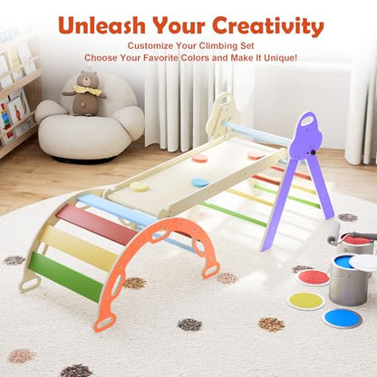 doowroodni Pikler Triangle Set 7in1 Toddler Climbing Toys Indoor Foldable Baby Climbing Toys Wooden Montessori Climbing Set with Arch, Ramp, Ladder for 1-3 Years, Jungle Gym for Kids