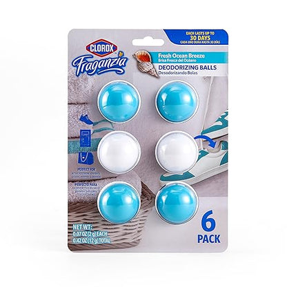 Clorox Fraganzia Deodorizing Balls for Shoes and Small Spaces, Twist-to-Activate No-Plug Odor Refresher Pods for Gym Bags, Lockers, Drawers, and Hampers, Ocean Breeze, 6 Count - 12 Pack - size: 6 Count (Pack of 12)