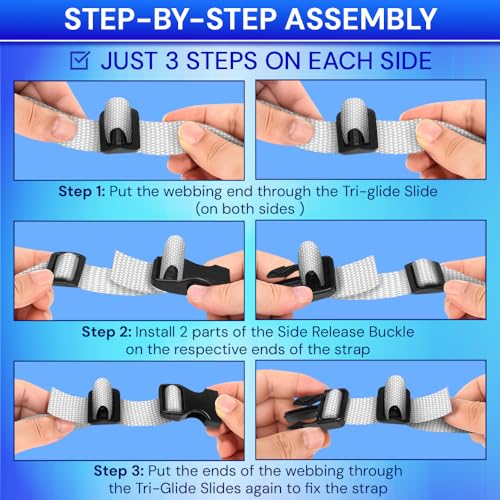 TECEUM 3/4" Nylon Strap Kit with Buckles, White 6 yards Repair Set | Heavy duty hardware kit: 6yd webbing, 6 quick release buckles, 12 tri-glide slide clips, 6 metal D-rings for crafting. - color: White, size: 3/4" - 6 yards, style: 6 Buckle - 12 Slides -