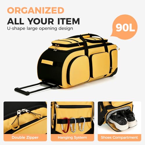 Searock 90L Rolling Duffle Bag with Wheels and Handle, 31” Large Duffle Bag for Travel, Carry On Luggage Duffel Bag with Shoe Compartment, Multi-Pocket, Water Resistant, Yellow - color: Yellow