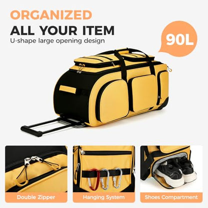 Searock 90L Rolling Duffle Bag with Wheels and Handle, 31” Large Duffle Bag for Travel, Carry On Luggage Duffel Bag with Shoe Compartment, Multi-Pocket, Water Resistant, Yellow - color: Yellow
