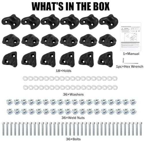 ZENFUN 18 Pc Rock Climbing Holds, Indoor & Outdoor Rocks Wall Climbing Kit, Black Rock Climb Holds Playground Play Set, Multi-Shape Climbing Rock Wall Grips with Mounting Hardware