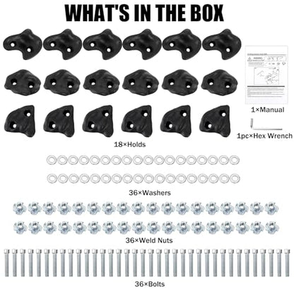 ZENFUN 18 Pc Rock Climbing Holds, Indoor & Outdoor Rocks Wall Climbing Kit, Black Rock Climb Holds Playground Play Set, Multi-Shape Climbing Rock Wall Grips with Mounting Hardware