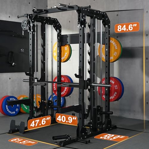 Smith Machine, 2600LBS Squat Rack, 7-in-1 Home Gym Cage with Adjustable Safety Bars, Pull-Up & LAT Pulldown - color: Black, size: P107 Smith Machine with Pulleys