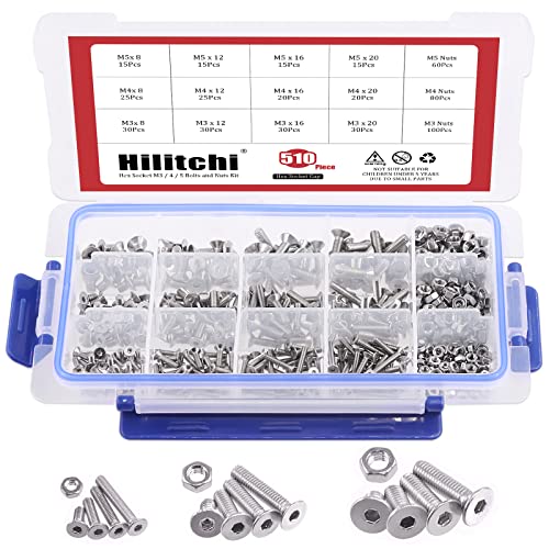 Hilitchi 510pcs M3 M4 M5 Stainless Steel Flat Head Hex Socket Head Cap Bolts Screws Nuts Assortment Kit - 304 Stainless Steel (Flat Head) - style: Flat Head