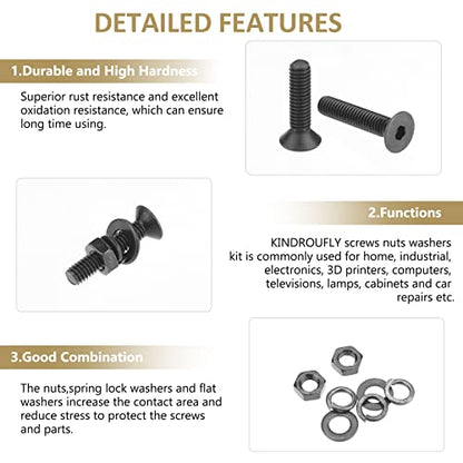 382 Pieces Black M4 x 6/8 /10/12 /16/20 /25mm Countersunk Head Socket Cap Screws Nuts Washers Assortment Kit, 10.9 Grade Alloy Steel - size: M4, style: Countersunk Head